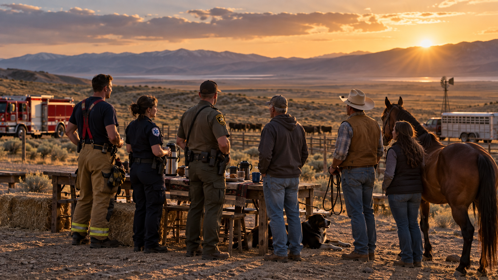 Concept image of responders, a rancher, a veteran and neighbors gathered on working land
